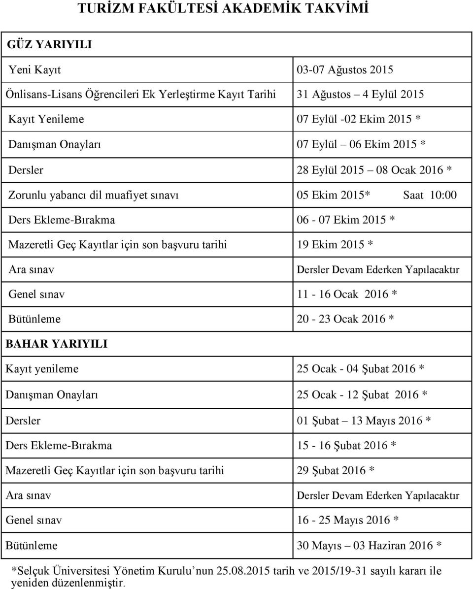 son başvuru tarihi 19 Ekim 2015 * Ara sınav Dersler Devam Ederken Yapılacaktır Genel sınav 11-16 Ocak 2016 * Bütünleme 20-23 Ocak 2016 * Kayıt yenileme 25 Ocak - 04 Şubat 2016 * Danışman Onayları 25