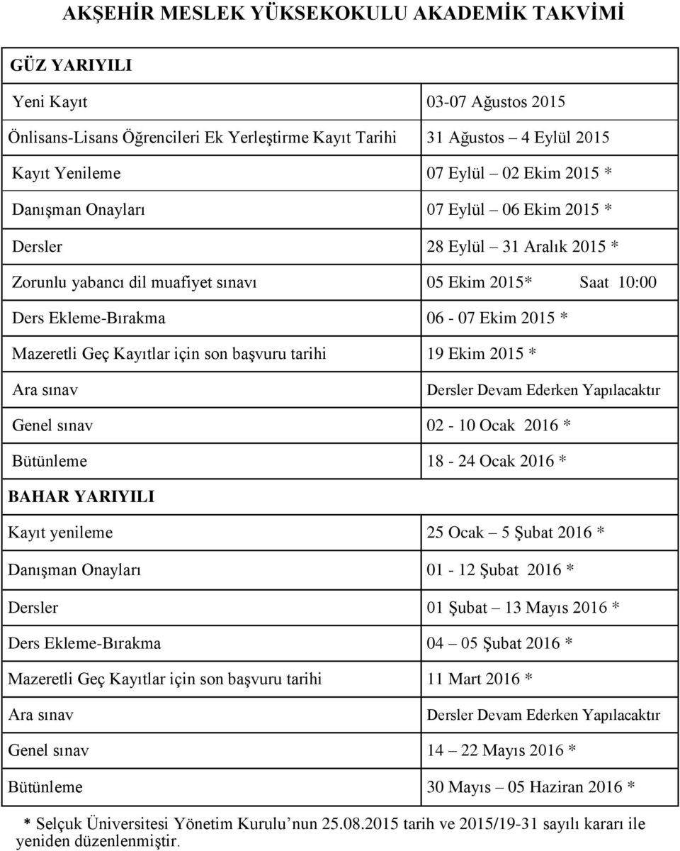 için son başvuru tarihi 19 Ekim 2015 * Ara sınav Dersler Devam Ederken Yapılacaktır Genel sınav 02-10 Ocak 2016 * Bütünleme 18-24 Ocak 2016 * Kayıt yenileme 25 Ocak 5 Şubat 2016 * Danışman Onayları