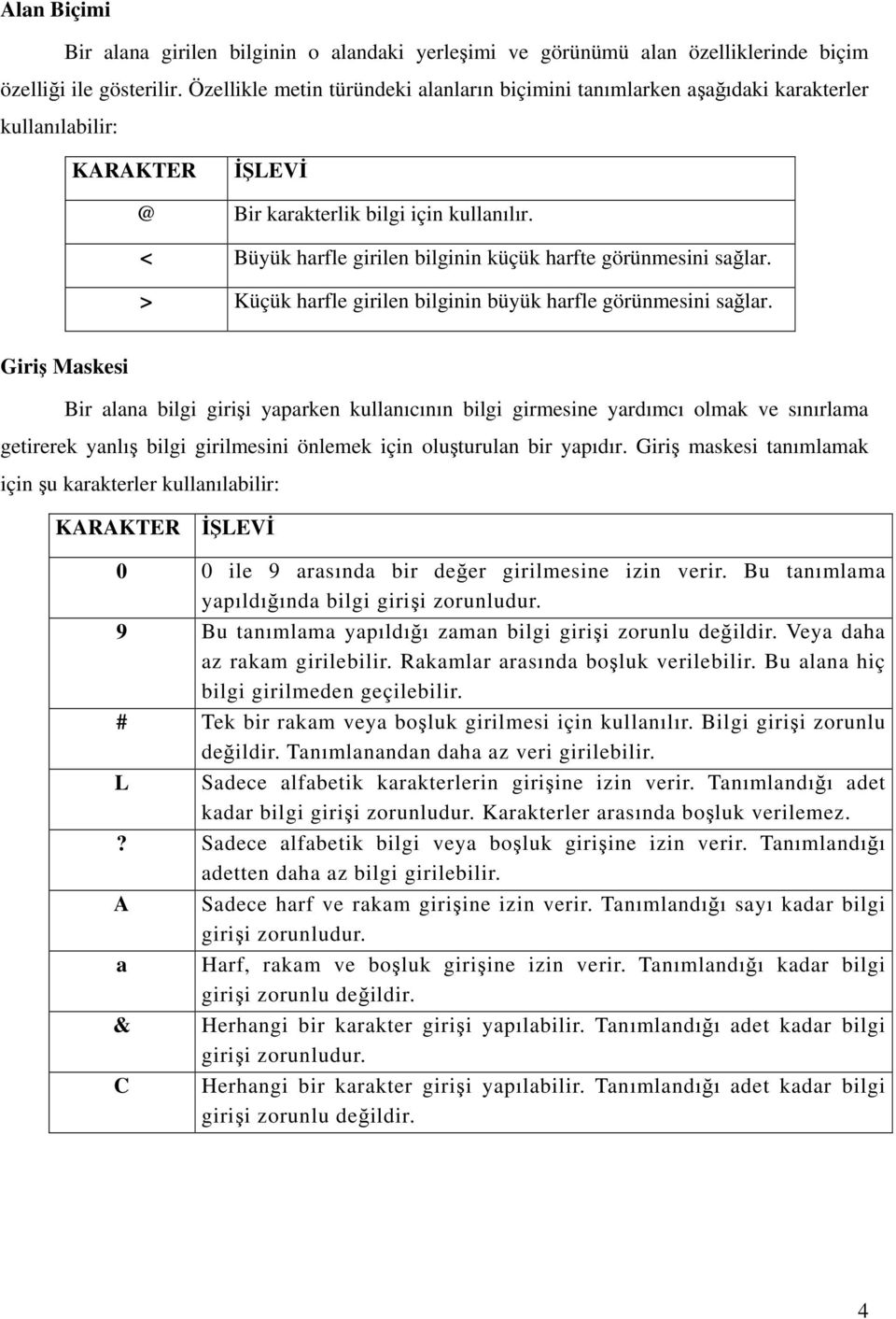 < Büyük harfle girilen bilginin küçük harfte görünmesini sağlar. > Küçük harfle girilen bilginin büyük harfle görünmesini sağlar.