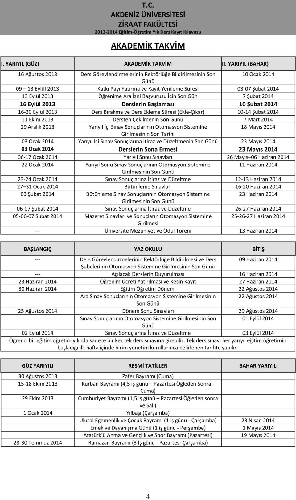 Öğrenime Ara İzni Başvurusu İçin Son Gün 7 Şubat 2014 16 Eylül 2013 Derslerin Başlaması 10 Şubat 2014 16-20 Eylül 2013 Ders Bırakma ve Ders Ekleme Süresi (Ekle-Çıkar) 10-14 Şubat 2014 11 Ekim 2013