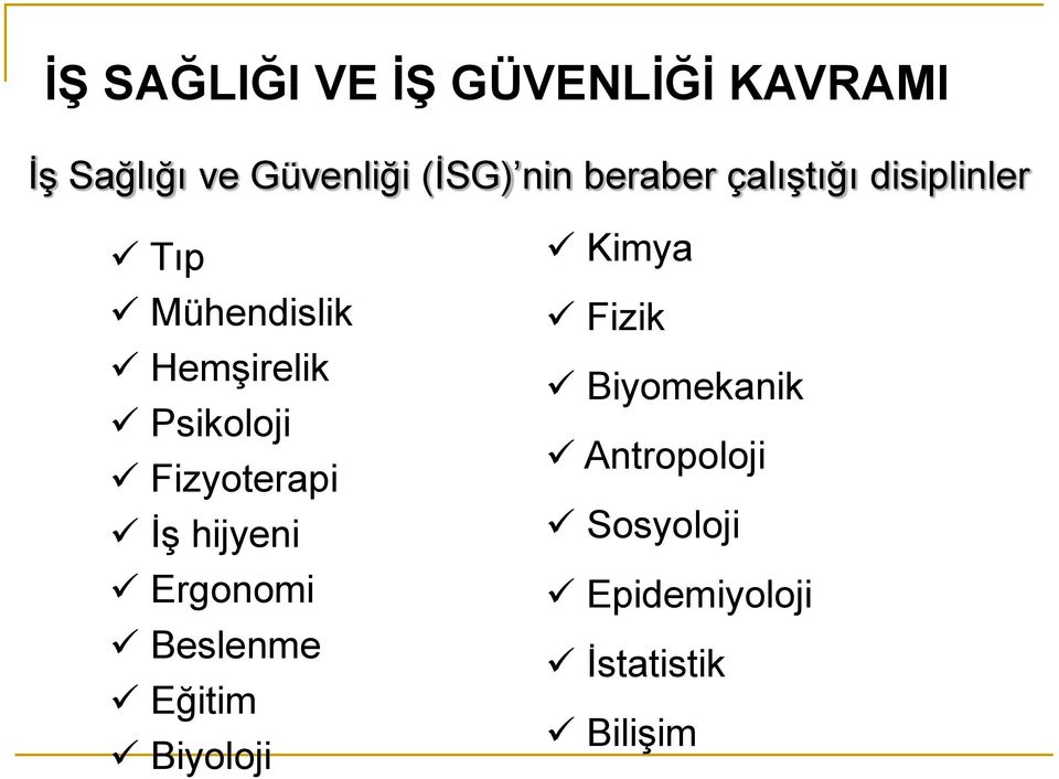 Psikoloji Fizyoterapi İş hijyeni Ergonomi Beslenme Eğitim Biyoloji