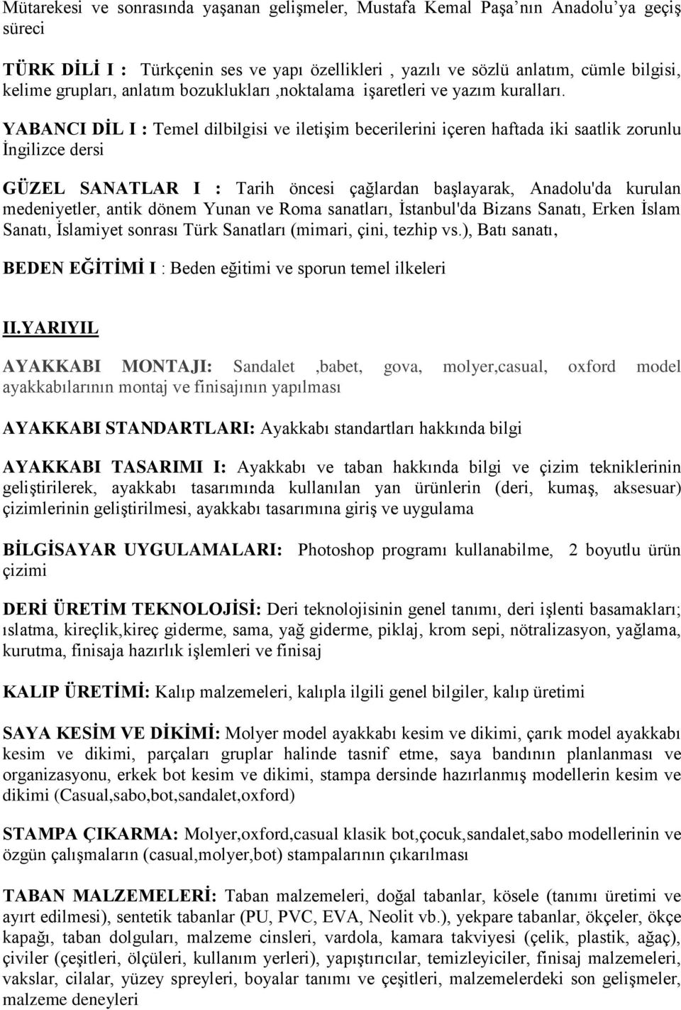 YABANCI DİL I : Temel dilbilgisi ve iletişim becerilerini içeren haftada iki saatlik zorunlu İngilizce dersi GÜZEL SANATLAR I : Tarih öncesi çağlardan başlayarak, Anadolu'da kurulan medeniyetler,