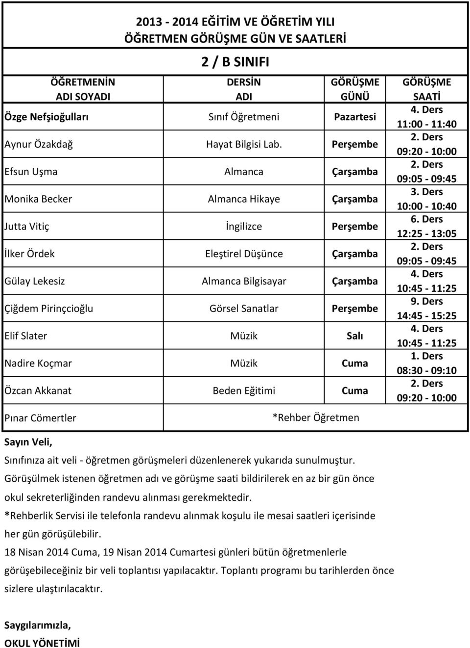 Eleştirel Düşünce Çarşamba Gülay Lekesiz Almanca Bilgisayar Çarşamba Çiğdem Pirinçcioğlu Görsel Sanatlar Perşembe Elif Slater