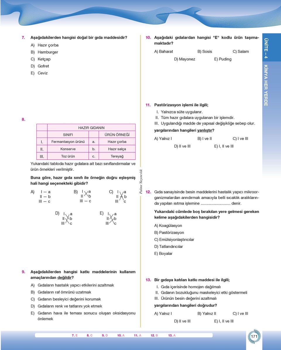 Buna göre, hazır gıda sınıfı ile örneğin doğru eşleşmiş hali hangi seçenekteki gibidir? A) I a B) I a II b II b III c III c C) I a II b III c 10.