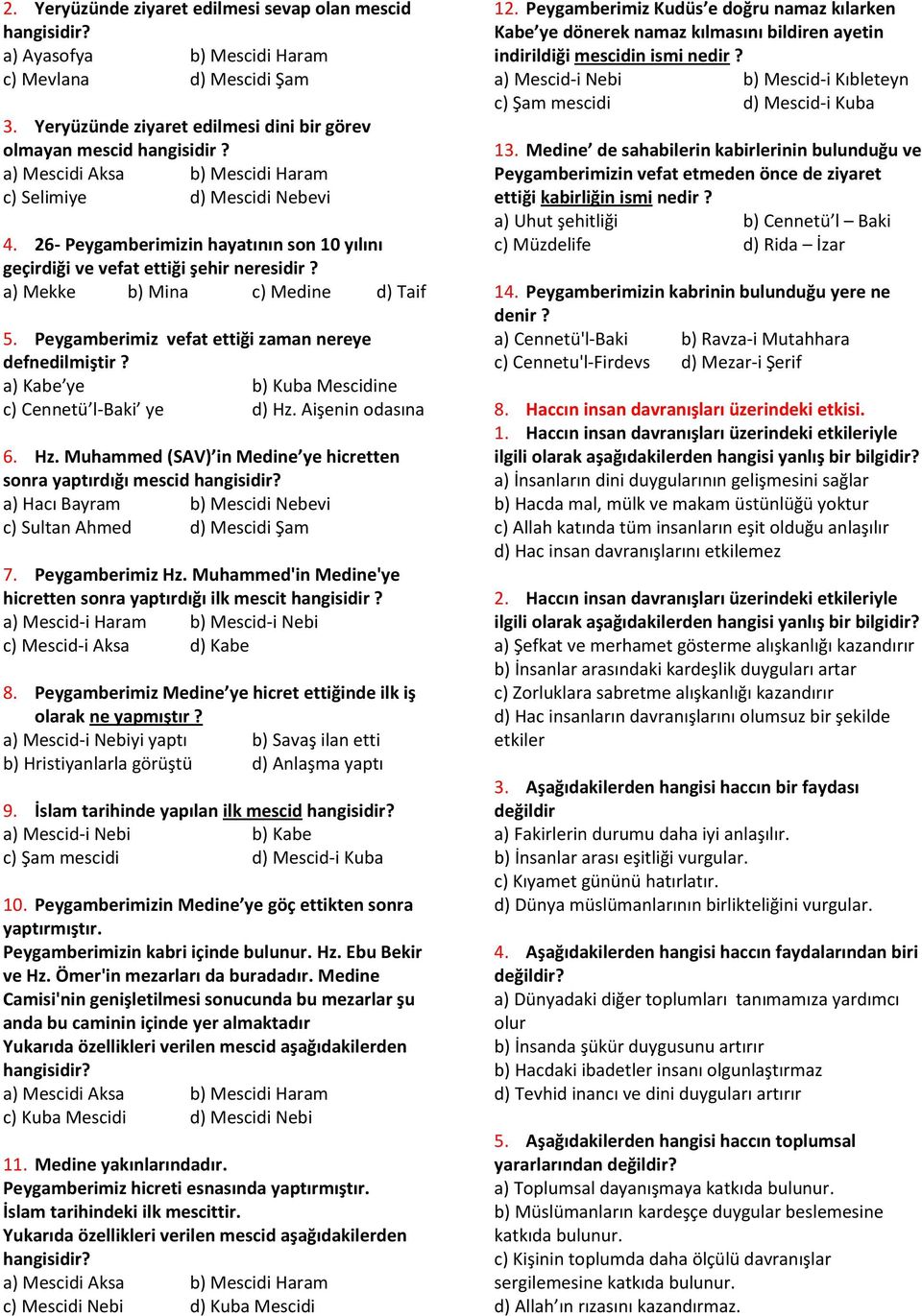 Peygamberimiz vefat ettiği zaman nereye defnedilmiştir? a) Kabe ye b) Kuba Mescidine c) Cennetü l-baki ye d) Hz.