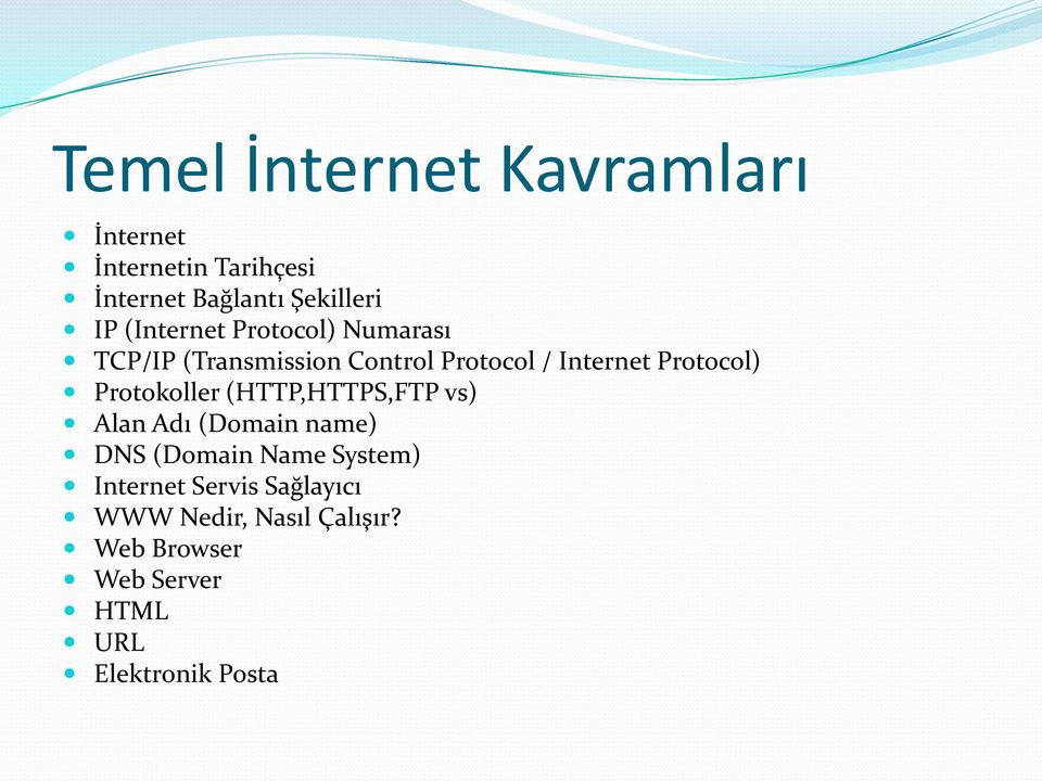 Protokoller (HTTP,HTTPS,FTP vs) Alan Adı (Domain name) DNS (Domain Name System) Internet