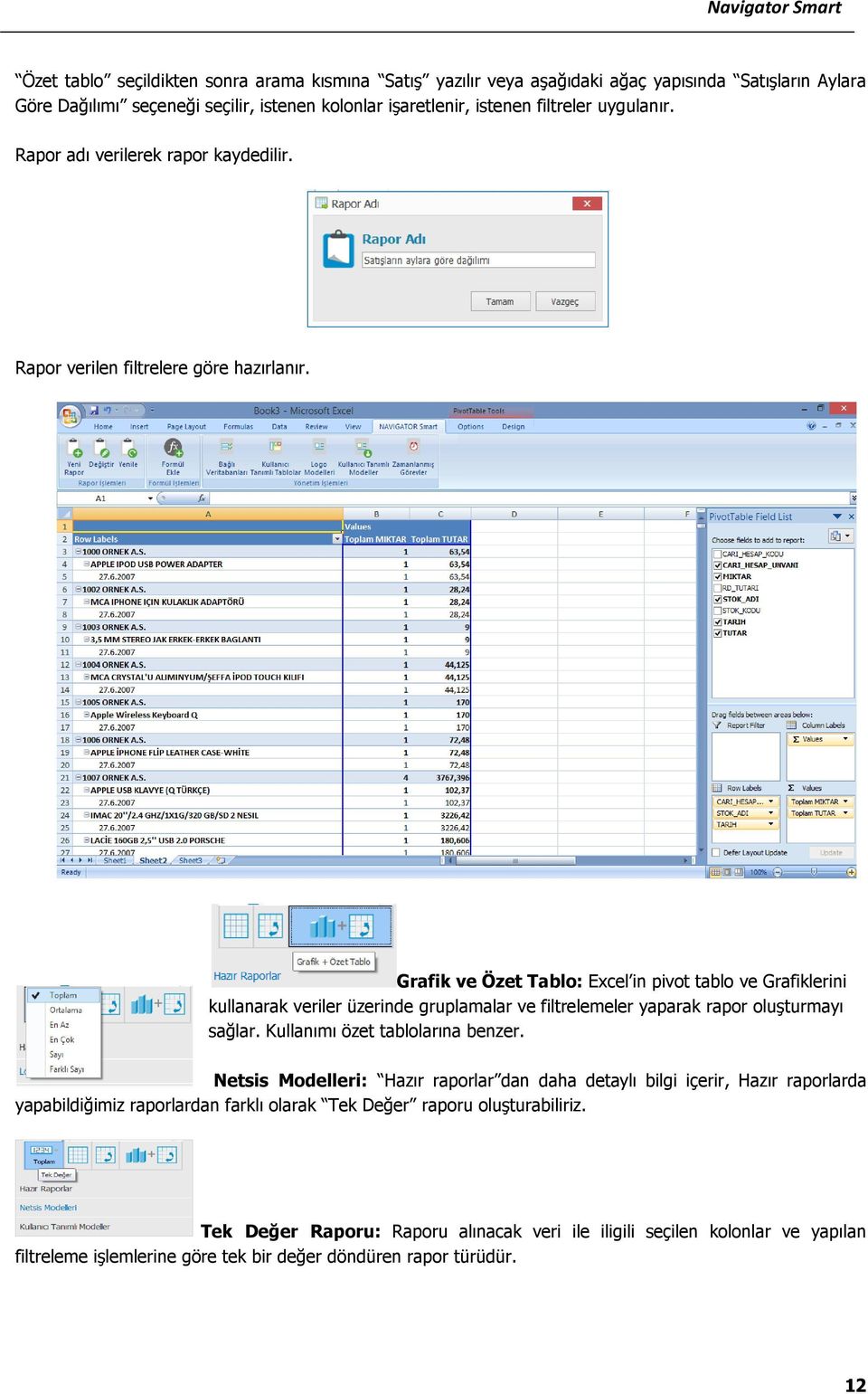 Grafik ve Özet Tablo: Excel in pivot tablo ve Grafiklerini kullanarak veriler üzerinde gruplamalar ve filtrelemeler yaparak rapor oluşturmayı sağlar. Kullanımı özet tablolarına benzer.