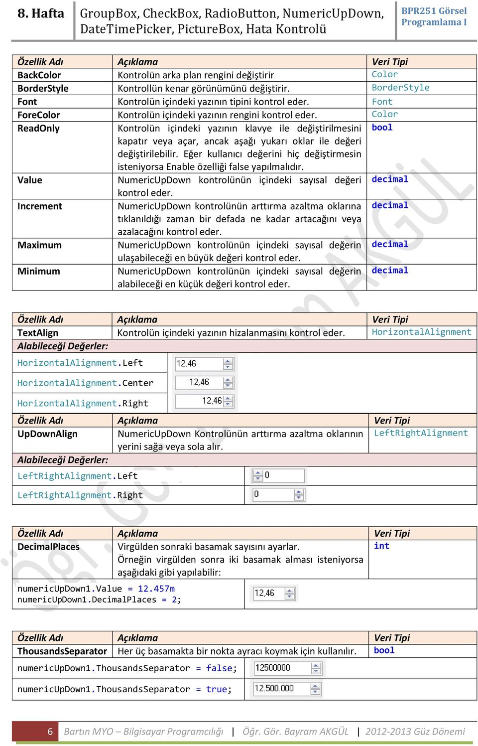 Color ReadOnly Kontrolün içindeki yazının klavye ile değiştirilmesini bool kapatır veya açar, ancak aşağı yukarı oklar ile değeri değiştirilebilir.