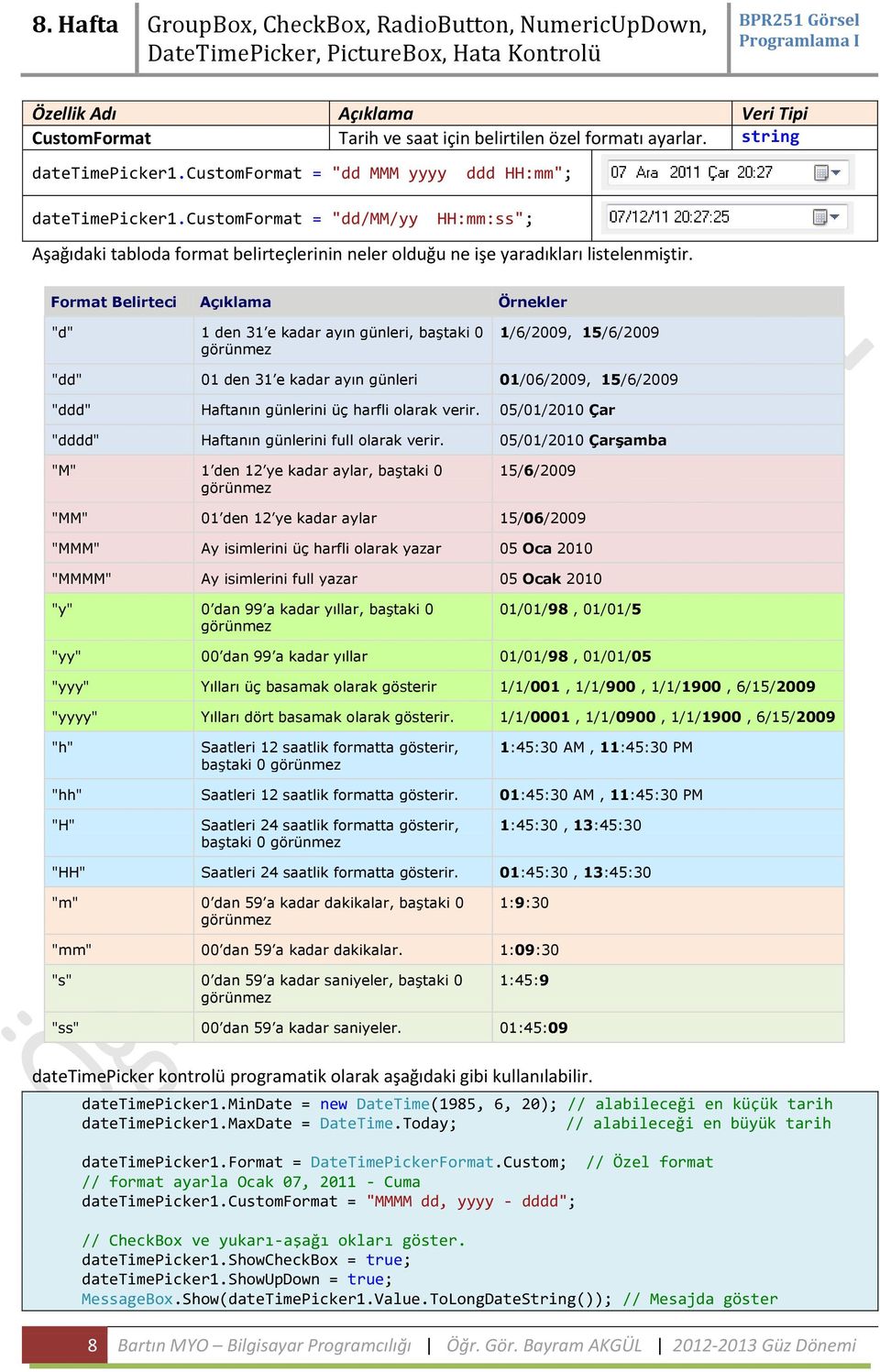 Format Belirteci Örnekler "d" 1 den 31 e kadar ayın günleri, baştaki 0 görünmez 1/6/2009, 15/6/2009 "dd" 01 den 31 e kadar ayın günleri 01/06/2009, 15/6/2009 "ddd" Haftanın günlerini üç harfli olarak