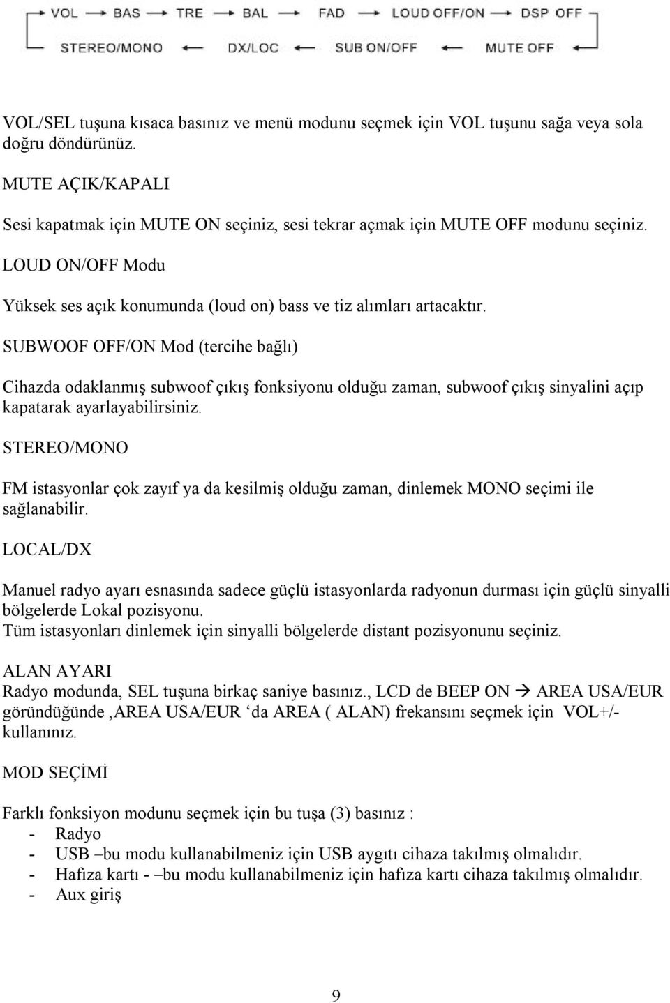 SUBWOOF OFF/ON Mod (tercihe bağlı) Cihazda odaklanmış subwoof çıkış fonksiyonu olduğu zaman, subwoof çıkış sinyalini açıp kapatarak ayarlayabilirsiniz.