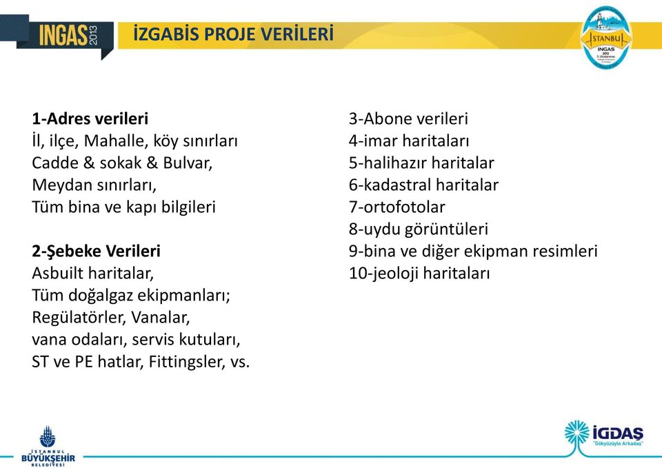 vana odaları, servis kutuları, ST ve PE hatlar, Fittingsler, vs.