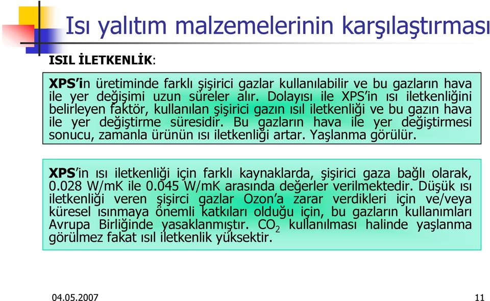 Bu gazların hava ile yer değiştirmesi sonucu, zamanla ürünün ısı iletkenliği artar. Yaşlanma görülür. XPS in ısı iletkenliği için farklı kaynaklarda, şişirici gaza bağlı olarak, 0.028 W/mK ile 0.