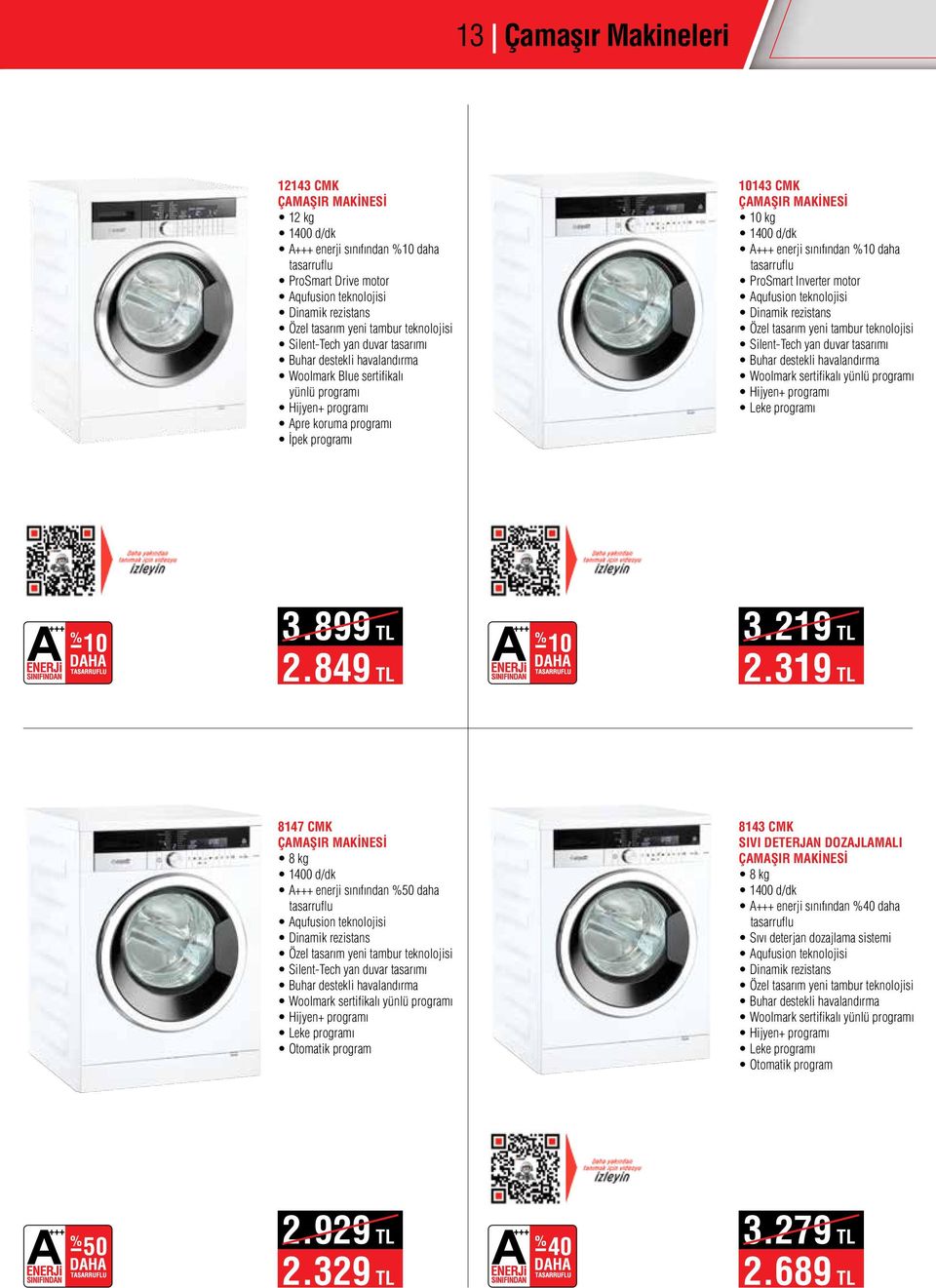 1400 d/dk A+++ enerji sınıfından %10 daha tasarruflu ProSmart Inverter motor Aqufusion teknolojisi Dinamik rezistans Özel tasarım yeni tambur teknolojisi Silent-Tech yan duvar tasarımı Buhar destekli