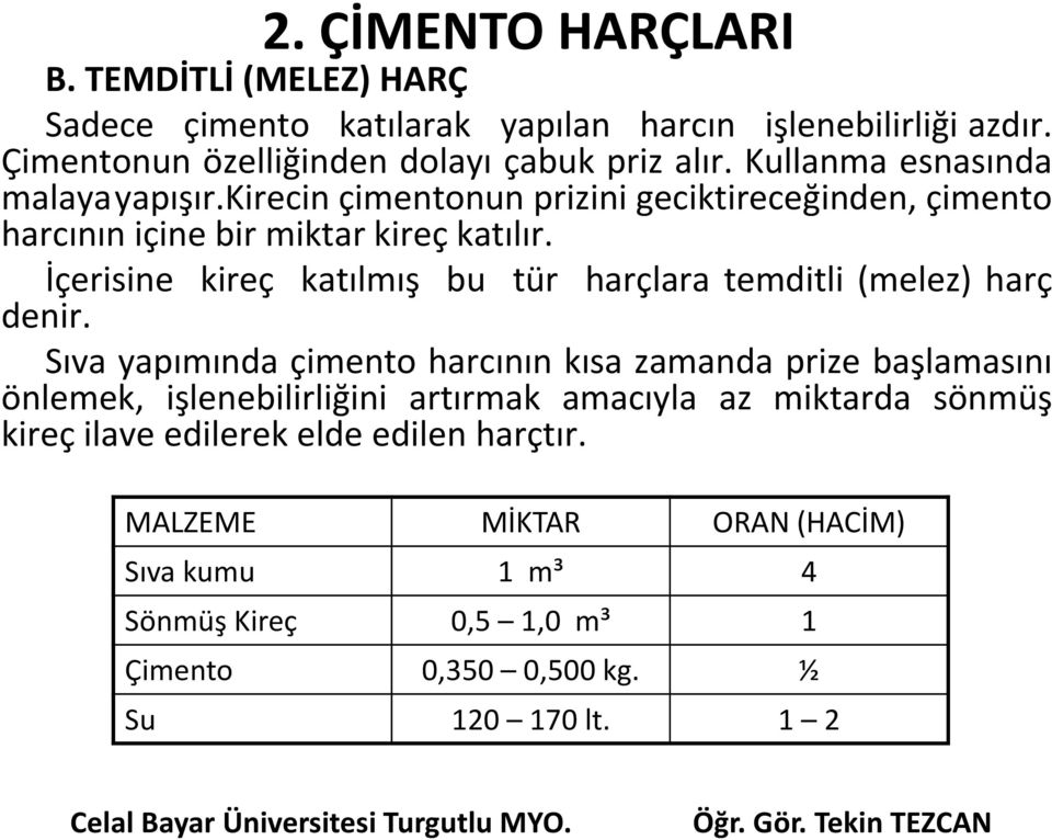 İçerisine kireç katılmış bu tür harçlara temditli (melez) harç denir.