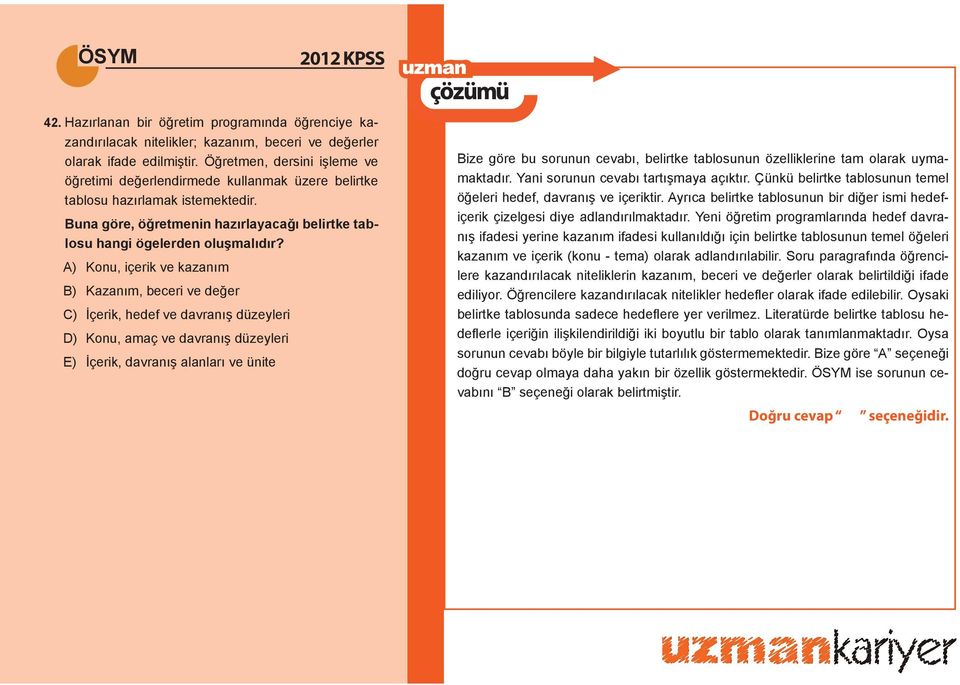 A) Konu, içerik ve kazanım B) Kazanım, beceri ve değer C) İçerik, hedef ve davranış düzeyleri D) Konu, amaç ve davranış düzeyleri E) İçerik, davranış alanları ve ünite Bize göre bu sorunun cevabı,