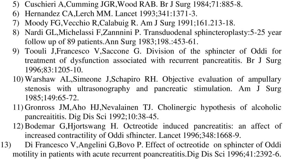 Division of the sphincter of Oddi for treatment of dysfunction associated with recurrent pancreatitis. Br J Surg 1996;83:1205-10. 10) Warshaw AL,Simeone J,Schapiro RH.