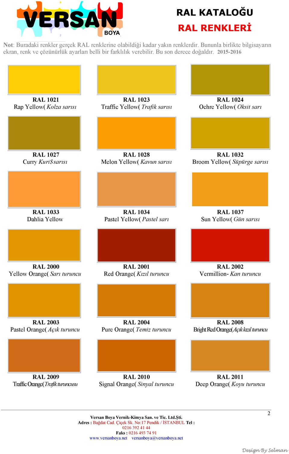 RAL 2002 Yellow Orange( Sarı turuncu Red Orange( Kızıl turuncu Vermillion- Kan turuncu RAL 2003 RAL 2004 RAL 2008 Pastel Orange( Açık turuncu Pure Orange( Temiz