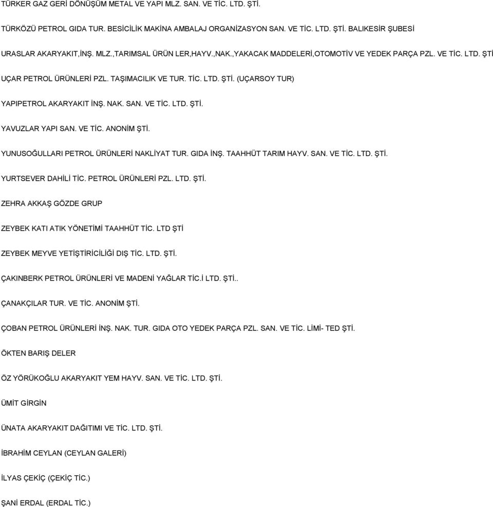 VE TİC. ANONİM ŞTİ. YUNUSOĞULLARI PETROL ÜRÜNLERİ NAKLİYAT TUR. GIDA İNŞ. TAAHHÜT TARIM HAYV. SAN. VE TİC. LTD. ŞTİ. YURTSEVER DAHİLİ TİC. PETROL ÜRÜNLERİ PZL. LTD. ŞTİ. ZEHRA AKKAŞ GÖZDE GRUP ZEYBEK KATI ATIK YÖNETİMİ TAAHHÜT TİC.