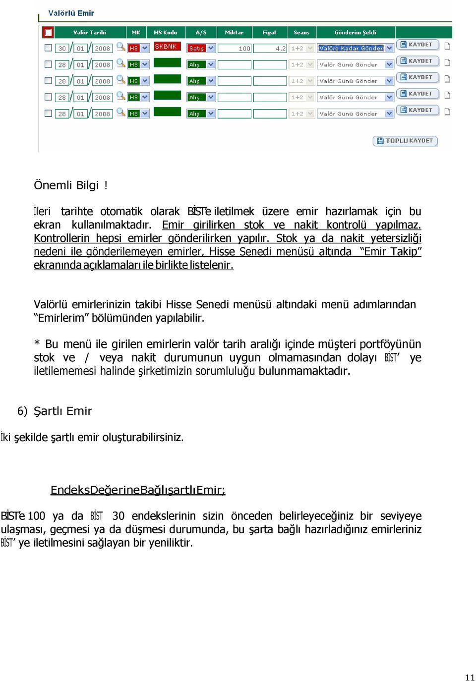 Stok ya da nakit yetersizliği nedeni ile gönderilemeyen emirler, Hisse Senedi menüsü altında Emir Takip ekranında açıklamaları ile birlikte listelenir.