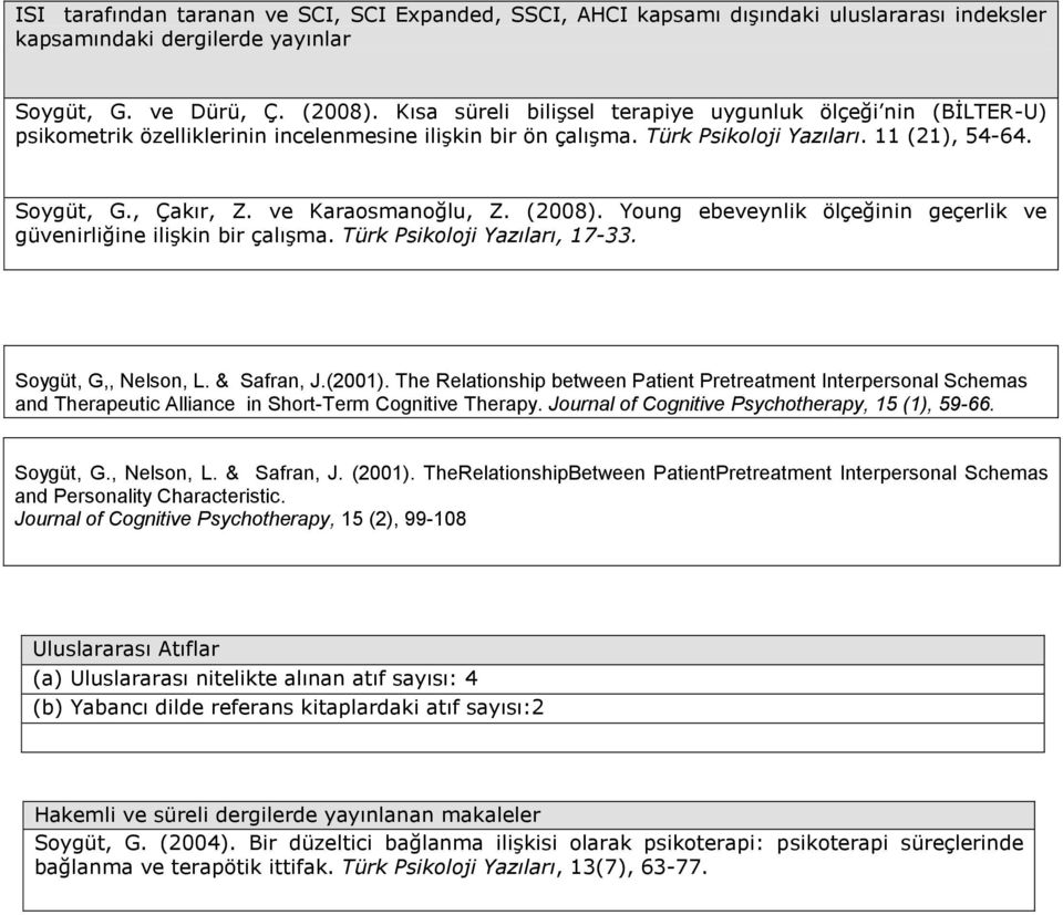 ve Karaosmanoğlu, Z. (2008). Young ebeveynlik ölçeğinin geçerlik ve güvenirliğine ilişkin bir çalışma. Türk Psikoloji Yazıları, 17-33. Soygüt, G,, Nelson, L. & Safran, J.(2001).