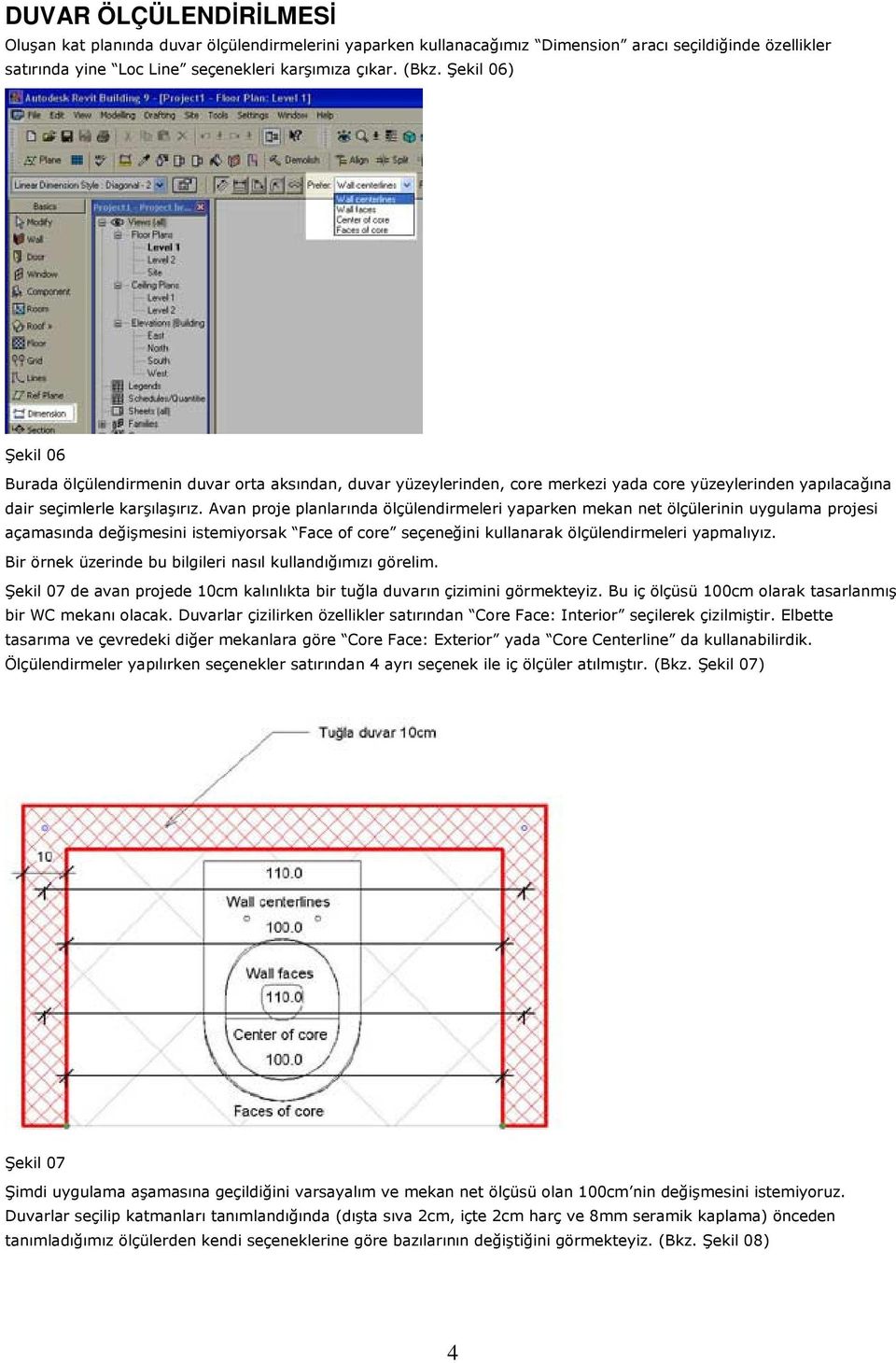 Avan proje planlarında ölçülendirmeleri yaparken mekan net ölçülerinin uygulama projesi açamasında değişmesini istemiyorsak Face of core seçeneğini kullanarak ölçülendirmeleri yapmalıyız.