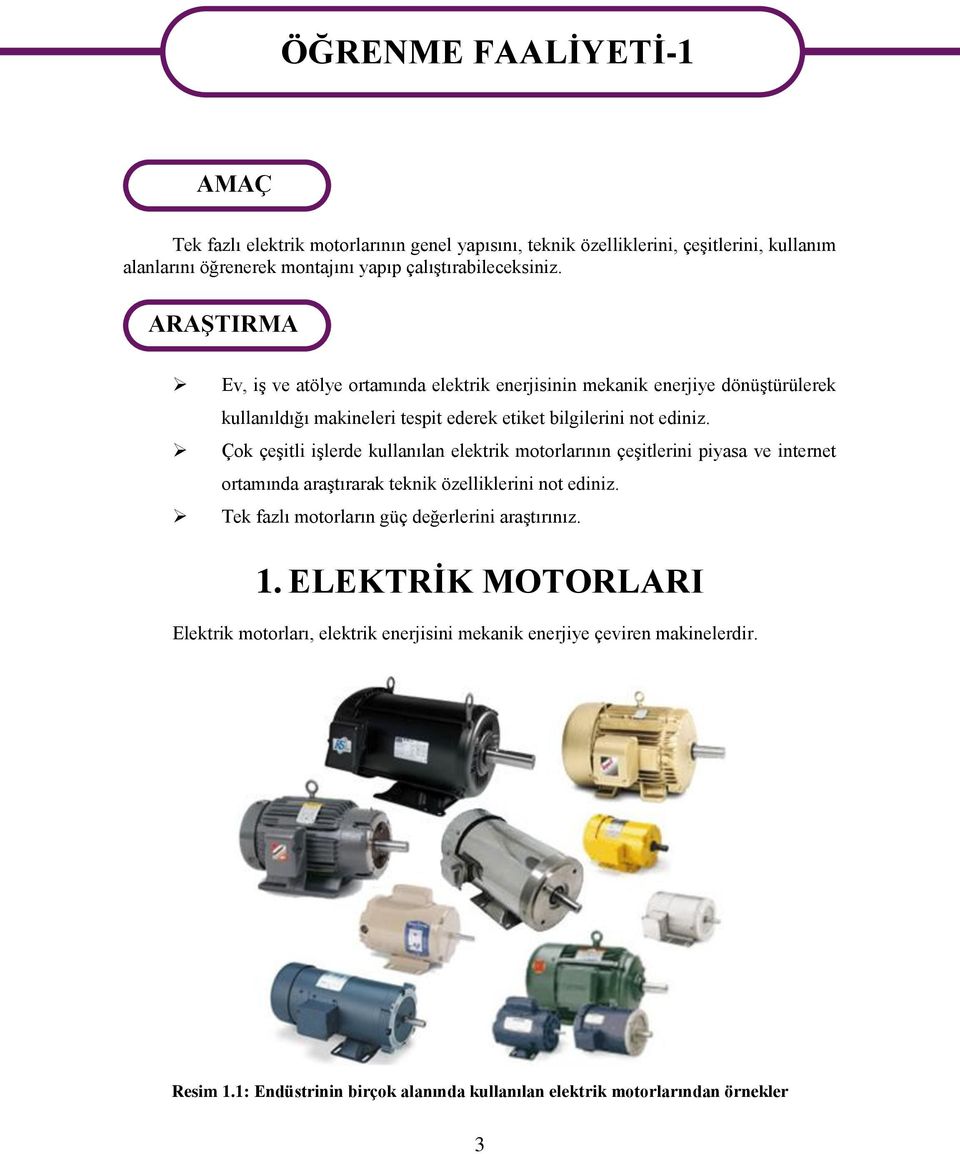 Çok çeşitli işlerde kullanılan elektrik motorlarının çeşitlerini piyasa ve internet ortamında araştırarak teknik özelliklerini not ediniz.