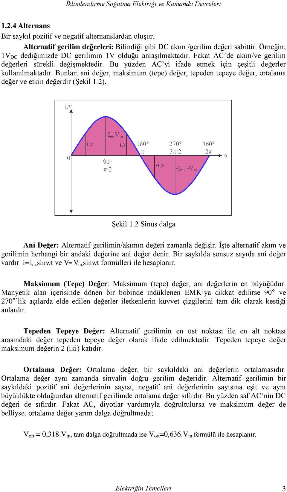 Bunlar; ani değer, maksimum (tepe) değer, tepeden tepeye değer, ortalama değer ve etkin değerdir (Şekil 1.2). Şekil 1.2 Sinüs dalga Ani Değer: Alternatif gerilimin/akımın değeri zamanla değişir.