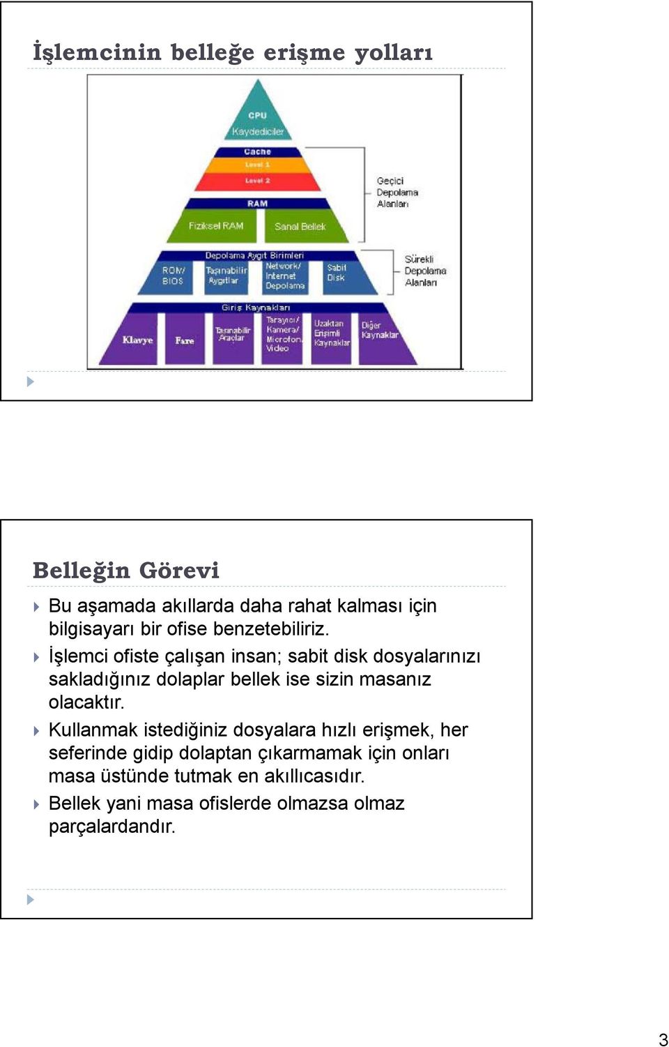 İşlemci ofiste çalışan insan; sabit disk dosyalarınızı sakladığınız dolaplar bellek ise sizin masanız