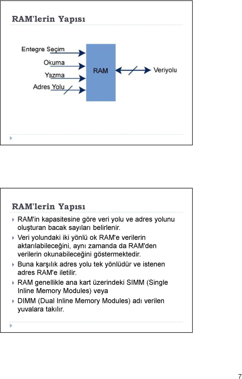 Veri yolundaki iki yönlü ok RAM'e verilerin aktarılabileceğini, aynı zamanda da RAM'den verilerin okunabileceğini