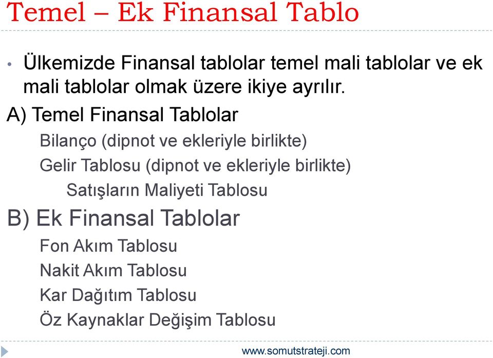 A) Temel Finansal Tablolar Bilanço (dipnot ve ekleriyle birlikte) Gelir Tablosu (dipnot ve