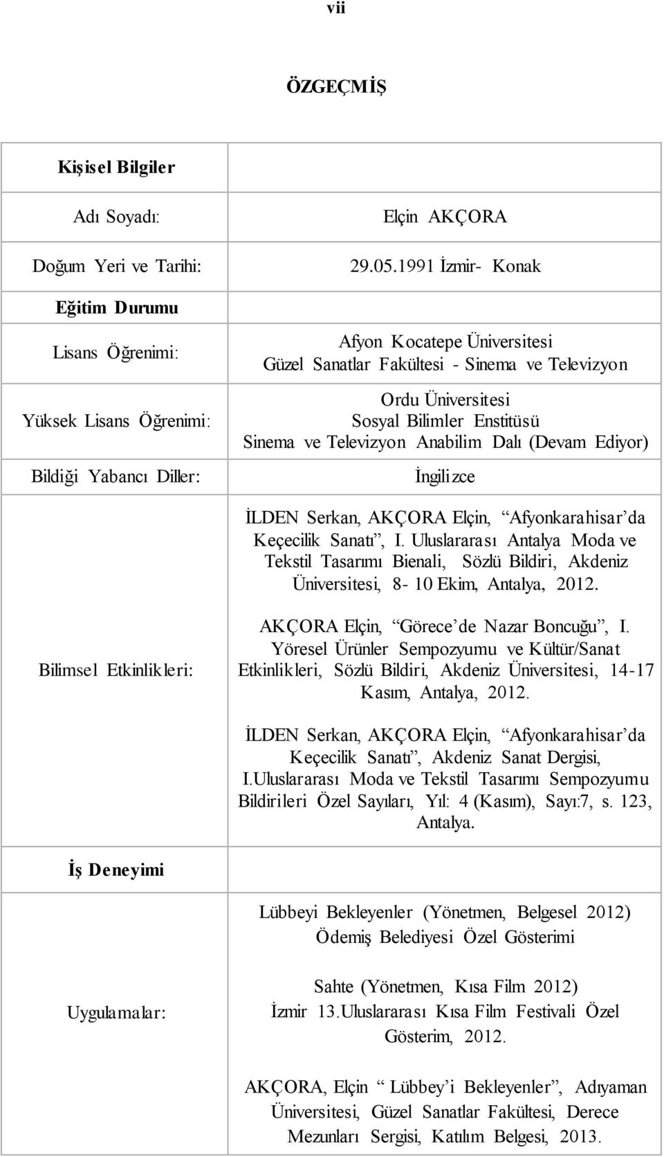 İLDEN Serkan, AKÇORA Elçin, Afyonkarahisar da Keçecilik Sanatı, I. Uluslararası Antalya Moda ve Tekstil Tasarımı Bienali, Sözlü Bildiri, Akdeniz Üniversitesi, 8-10 Ekim, Antalya, 2012.
