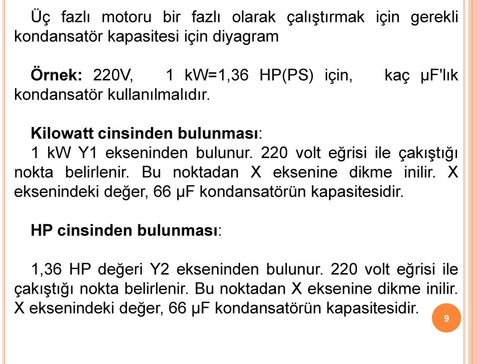 Bu noktadan X eksenine dikme inilir. X eksenindeki değer, 66 μf kondansatörün kapasitesidir.