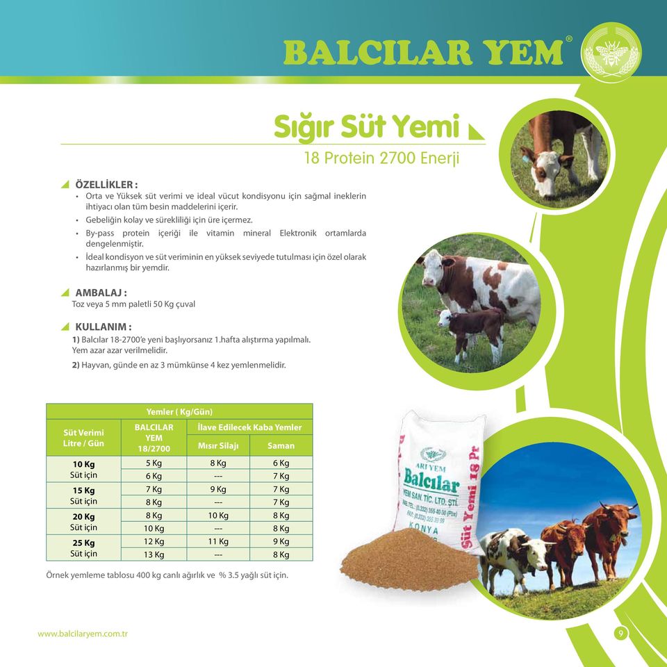 AMBALAJ : Toz veya 5 mm paletli 50 Kg çuval KULLANIM : 1) Balcılar 18-2700 e yeni başlıyorsanız 1.hafta alıştırma yapılmalı. Yem azar azar verilmelidir.