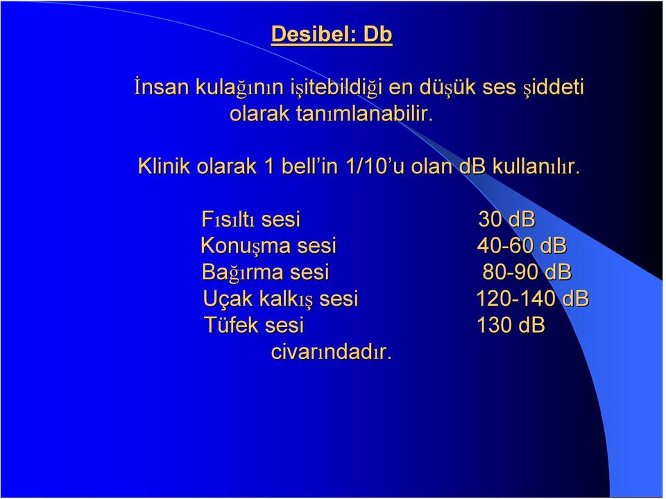 Klinik olarak 1 bell in 1/10 u u olan db kullanılır.