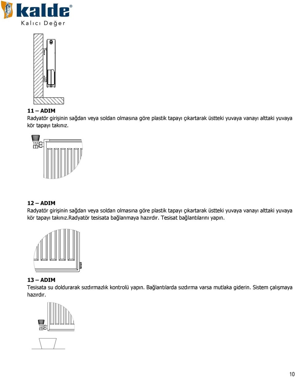 12 ADIM Radyatör girişinin sağdan veya soldan olmasına göre plastik tapayı çıkartarak üstteki yuvaya vanayı alttaki yuvaya