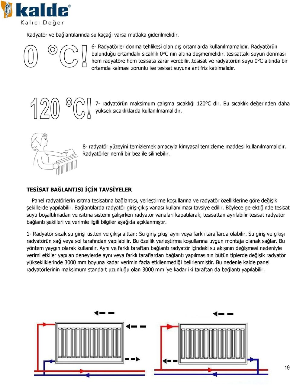 .tesisat ve radyatörün suyu 0 C altında bir ortamda kalması zorunlu ise tesisat suyuna antifriz katılmalıdır. 7- radyatörün maksimum çalışma sıcaklığı 120 C dir.