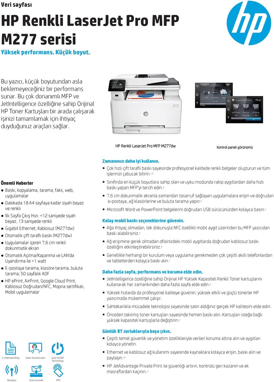 HP Renkli LaserJet Pro MFP M277dw Kontrol paneli görünümü Önemli Haberler Baskı, kopyalama, tarama, faks, web, uygulamalar Dakikada 18 A4 sayfaya kadar siyah beyaz ve renkli İlk Sayfa Çıkış Hızı: <12