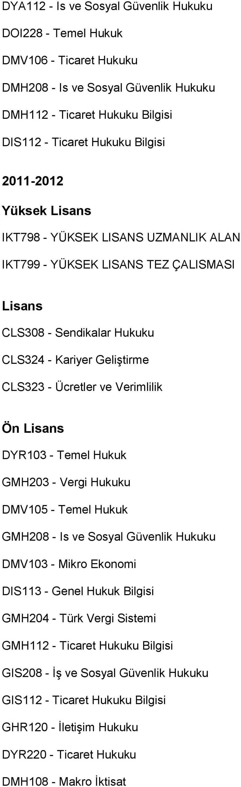 Verimlilik Ön Lisans DYR103 - Temel Hukuk GMH203 - Vergi Hukuku DMV105 - Temel Hukuk GMH208 - Is ve Sosyal Güvenlik Hukuku DMV103 - Mikro Ekonomi DIS113 - Genel Hukuk Bilgisi GMH204 -