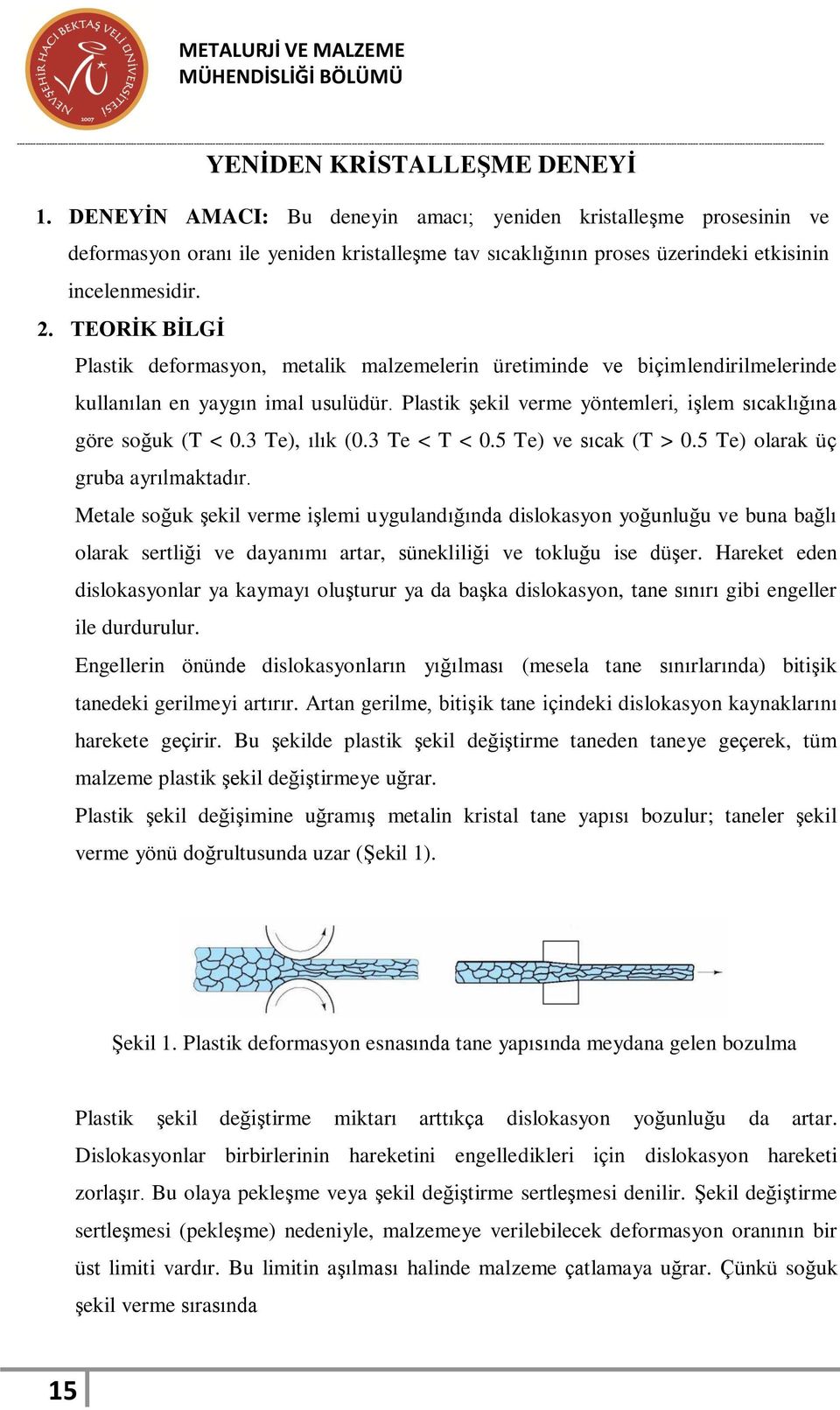 TEORİK BİLGİ Plastik deformasyon, metalik malzemelerin üretiminde ve biçimlendirilmelerinde kullanılan en yaygın imal usulüdür. Plastik şekil verme yöntemleri, işlem sıcaklığına göre soğuk (T < 0.