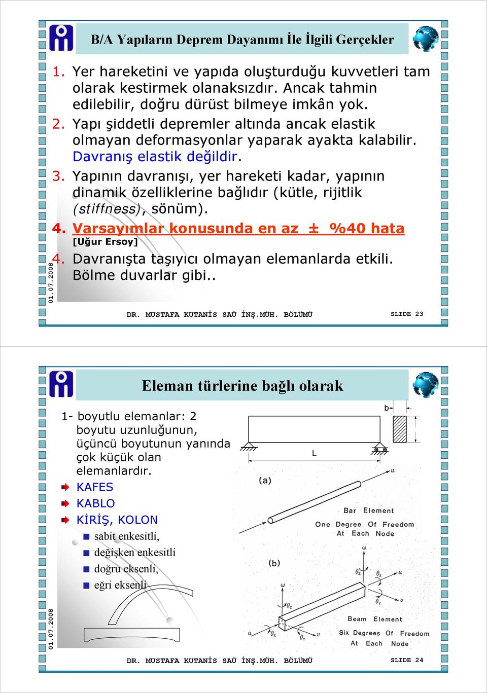 Yapının davranışı, yer hareketi kadar, yapının dinamik özelliklerine bağlıdır (kütle, rijitlik (stiffness), sönüm). 4. Varsayımlar konusunda en az ± %40 hata [Uğur Ersoy] 4.