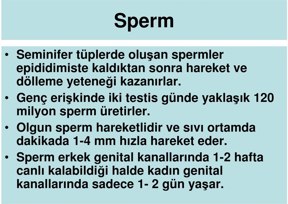 Olgun sperm hareketlidir ve sıvı ortamda dakikada 1-4 mm hızla hareket eder.