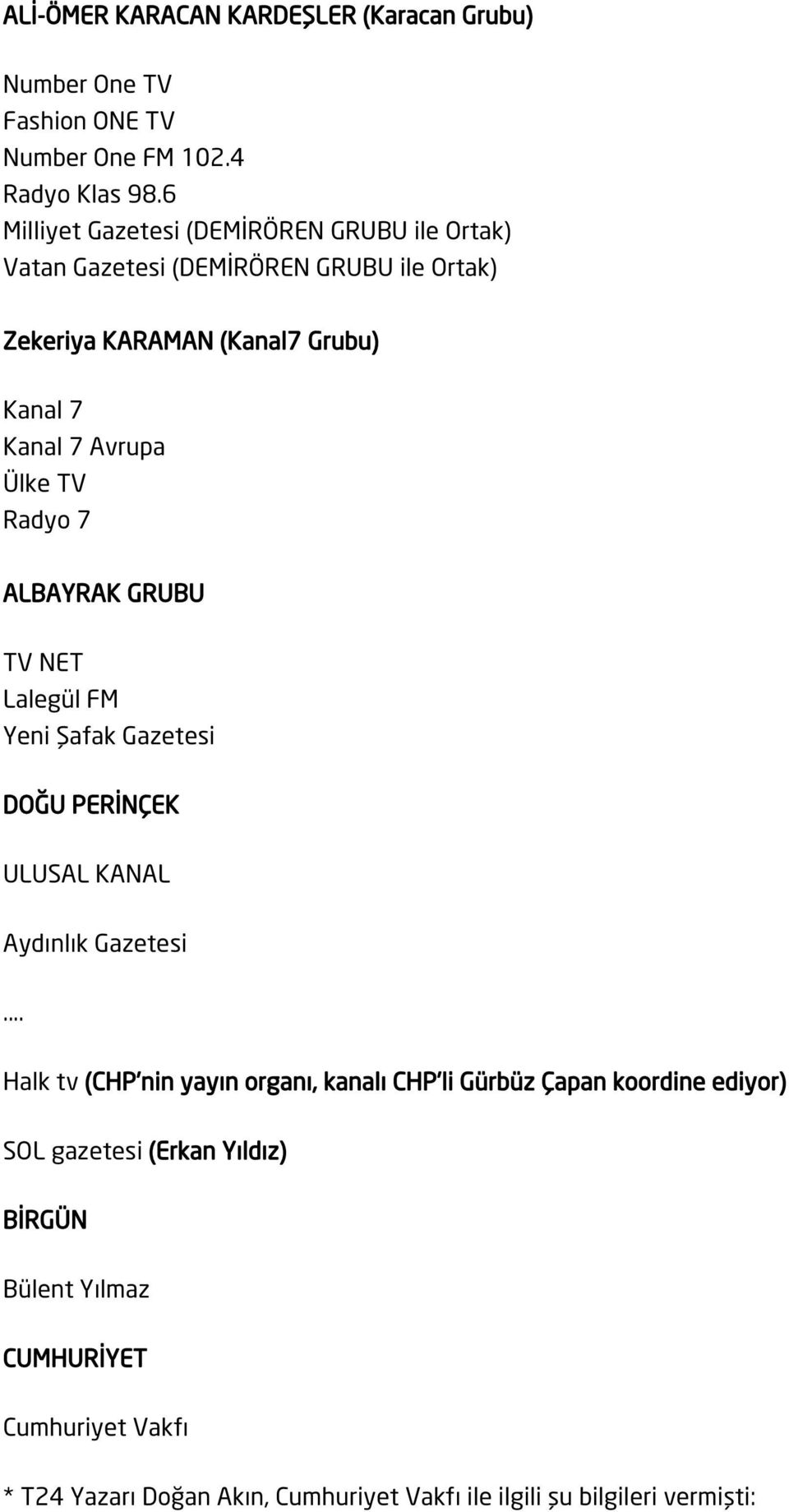 Ülke TV Radyo 7 ALBAYRAK GRUBU TV NET Lalegül FM Yeni Şafak Gazetesi DOĞU PERİNÇEK ULUSAL KANAL Aydınlık Gazetesi.