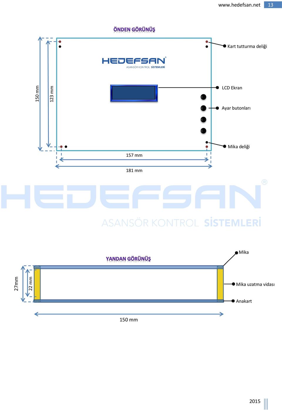 Ayar butonları 157 mm Mika deliği 181