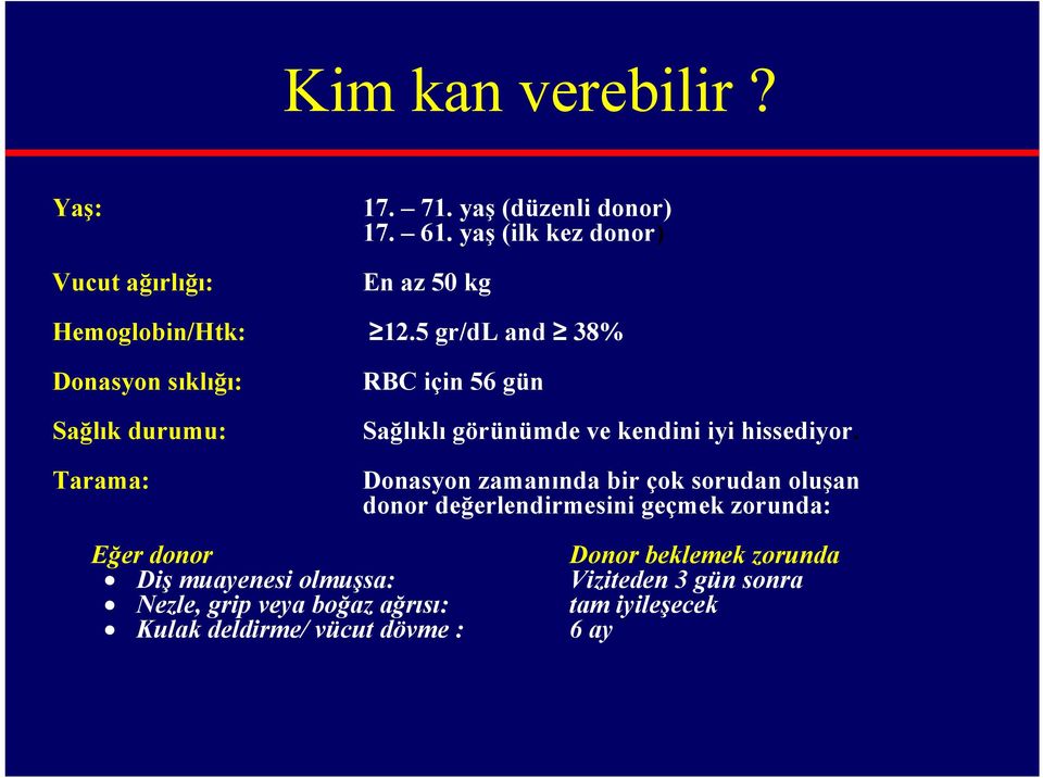 5 gr/dl and 38% Donasyon sıklığı: Sağlık durumu: Tarama: RBC için 56 gün Sağlıklı görünümde ve kendini iyi hissediyor.