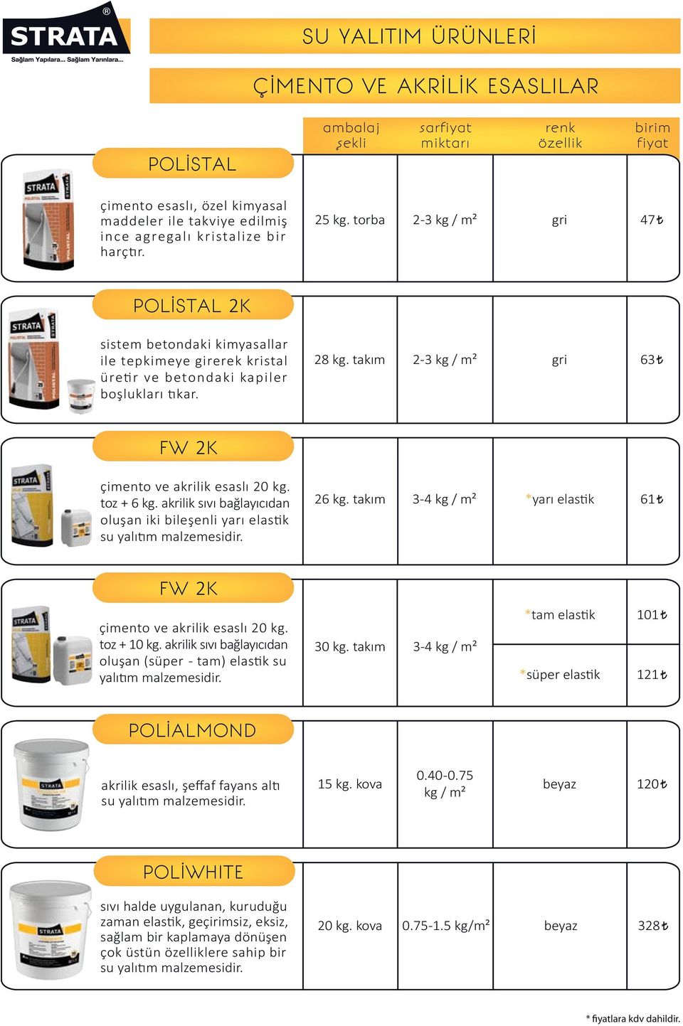 toz + 6 kg. akrilik sıvı bağlayıcıdan oluşan iki bileşenli yarı elastik su yalıtım malzemesidir. 26 kg. takım 3-4 *yarı elastik 61 FW 2K çimento ve akrilik esaslı 20 kg. toz + 10 kg.