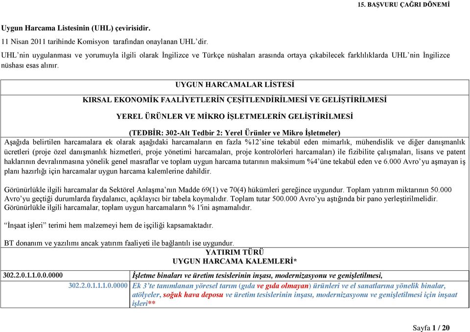 UYGUN HARCAMALAR LİSTESİ KIRSAL EKONOMİK FAALİYETLERİN ÇEŞİTLENDİRİLMESİ VE GELİŞTİRİLMESİ YEREL ÜRÜNLER VE MİKRO İŞLETMELERİN GELİŞTİRİLMESİ (TEDBİR: 302-Alt Tedbir 2: Yerel Ürünler ve Mikro