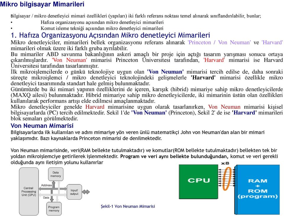 Hafıza Organizasyonu Açısından Mikro denetleyici Mimarileri Mikro denetleyiciler, mimarileri bellek organizasyonu referans alınarak 'Princeton / Von Neuman' ve 'Harvard' mimarileri olmak üzere iki