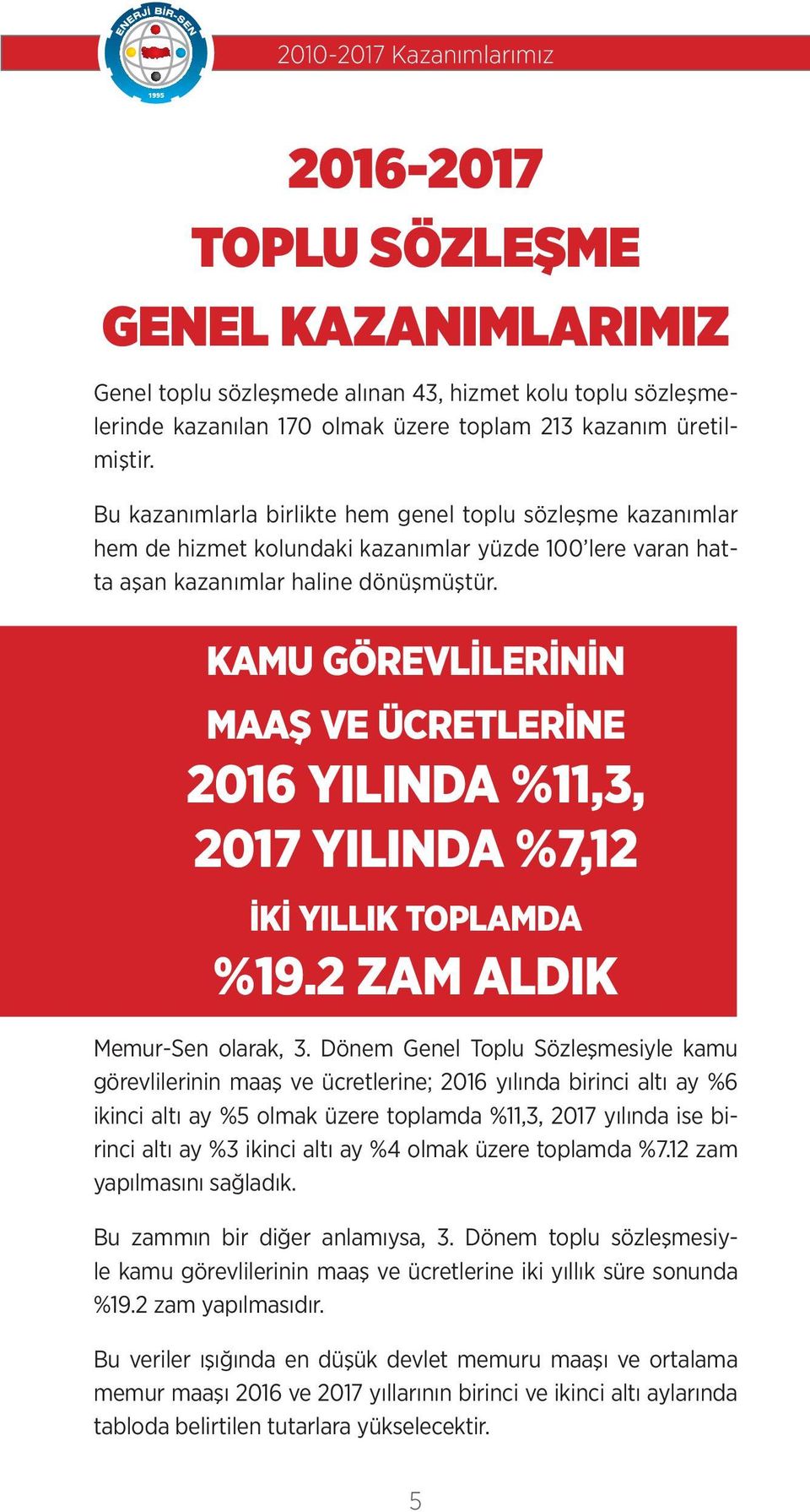 KAMU GÖREVLİLERİNİN MAAŞ VE ÜCREERİNE 2016 YILINDA %11,3, 2017 YILINDA %7,12 İKİ YILLIK TOPLAMDA %19.2 ZAM ALDIK Memur-Sen olarak, 3.