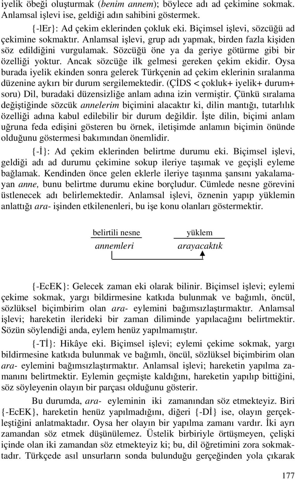 Ancak sözcüğe ilk gelmesi gereken çekim ekidir. Oysa burada iyelik ekinden sonra gelerek Türkçenin ad çekim eklerinin sıralanma düzenine aykırı bir durum sergilemektedir.