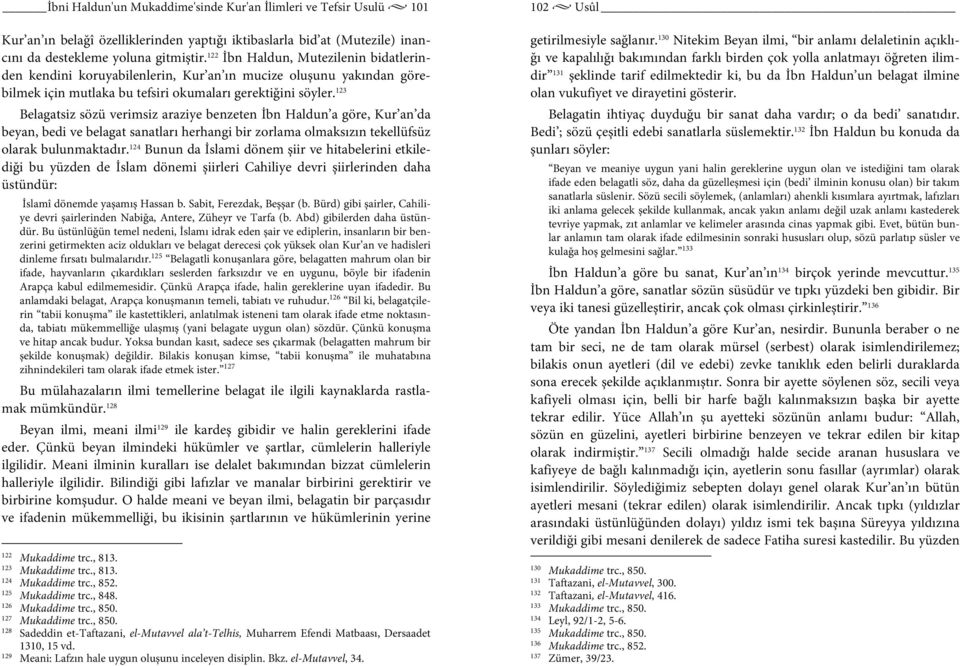 123 Belagatsiz sözü verimsiz araziye benzeten İbn Haldun a göre, Kur an da beyan, bedi ve belagat sanatları herhangi bir zorlama olmaksızın tekellüfsüz olarak bulunmaktadır.